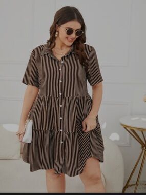 Striped Brown Button-Front Mini Dress